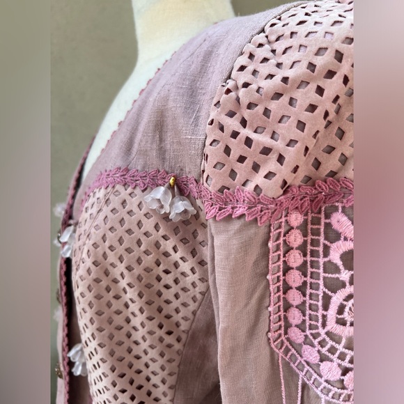 Vintage glam blazer jacket dusty rose linen faux suede floral beads Med La Foret - Picture 9 of 14